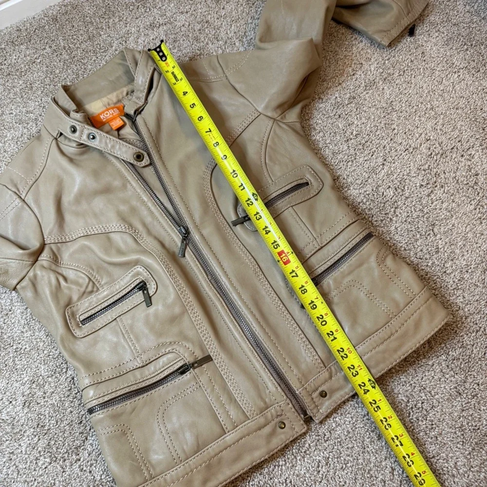 Michael Kors Leather Jacket Women L Tan Beige Vintage Y2K Moto Biker Zip Pocket